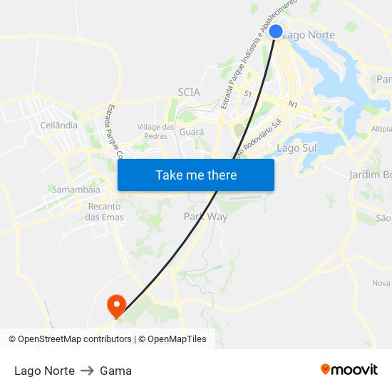 Lago Norte to Gama map