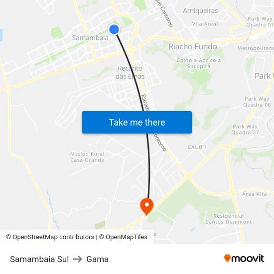 Samambaia Sul to Gama map