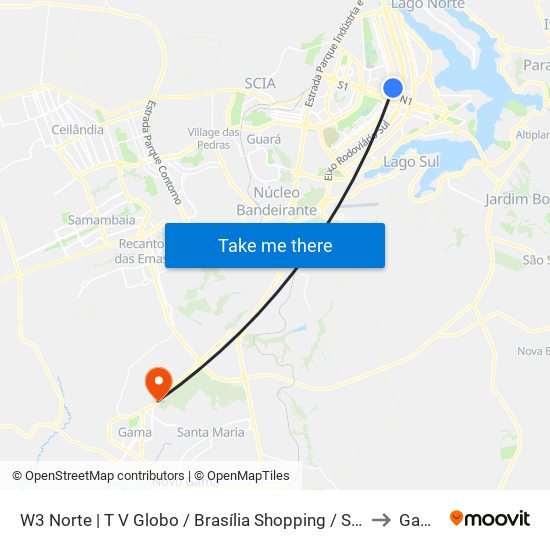 W3 Norte | TV Globo / Brasília Shopping / SHN to Gama map
