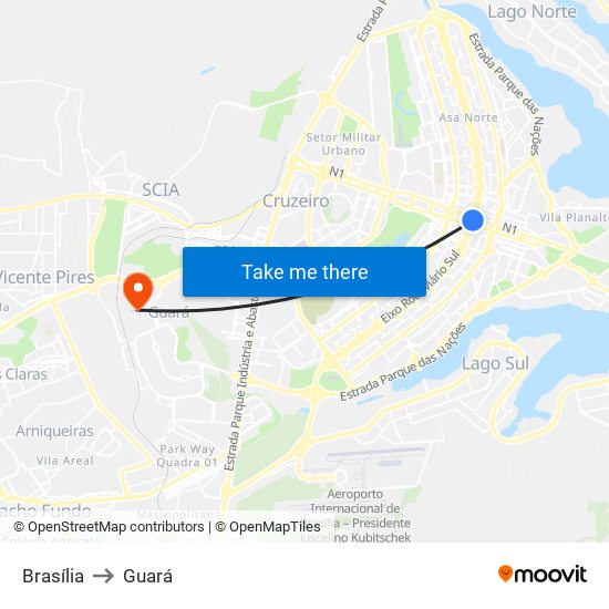Brasília to Guará map