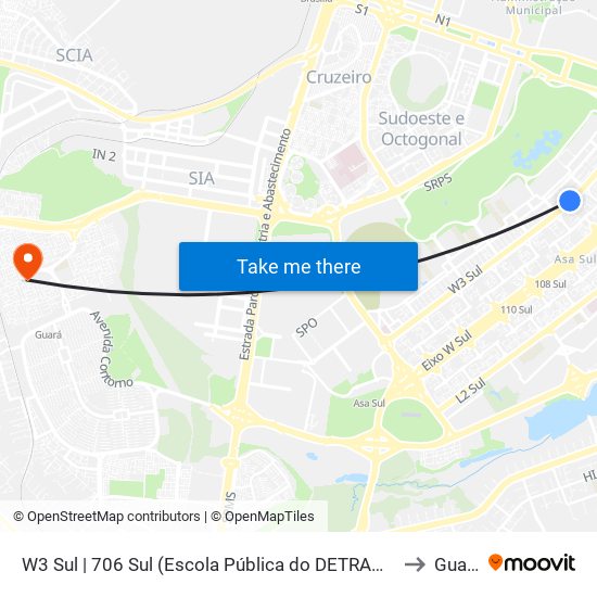 W3 Sul | 706 Sul (Escola Pública do DETRAN-DF) to Guará map