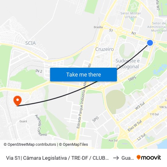 Via S1| Câmara Legislativa / TRE-DF / CLUBE FM to Guará map