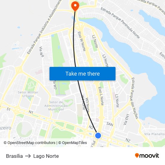Brasília to Lago Norte map