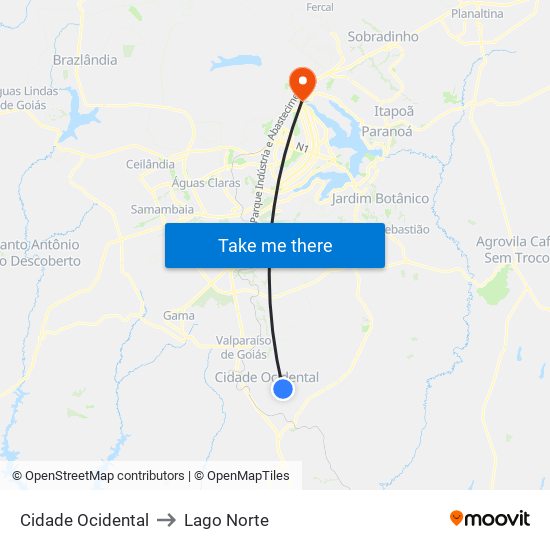 Cidade Ocidental to Lago Norte map