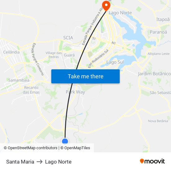 Santa Maria to Lago Norte map
