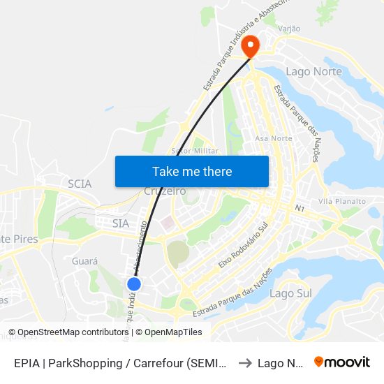 EPIA | ParkShopping / Carrefour (SEMIURBANO) to Lago Norte map