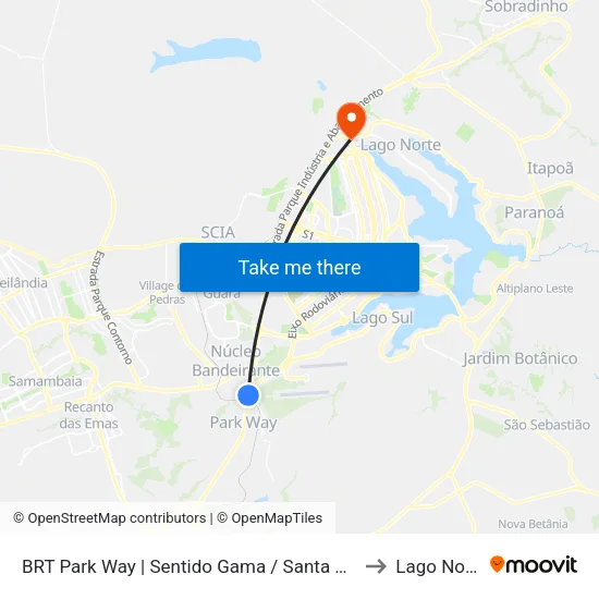 BRT Park Way | Sentido Gama / Santa Maria to Lago Norte map