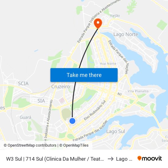 W3 Sul | 714 Sul (Clinica Da Mulher / Teatro Dos Bancários) to Lago Norte map