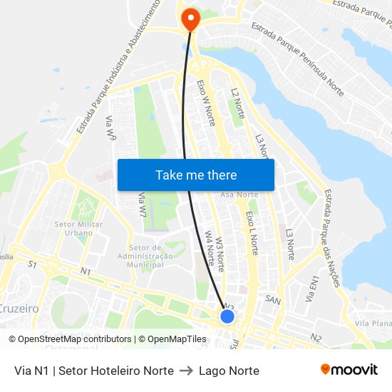 Via N1 | Setor Hoteleiro Norte to Lago Norte map