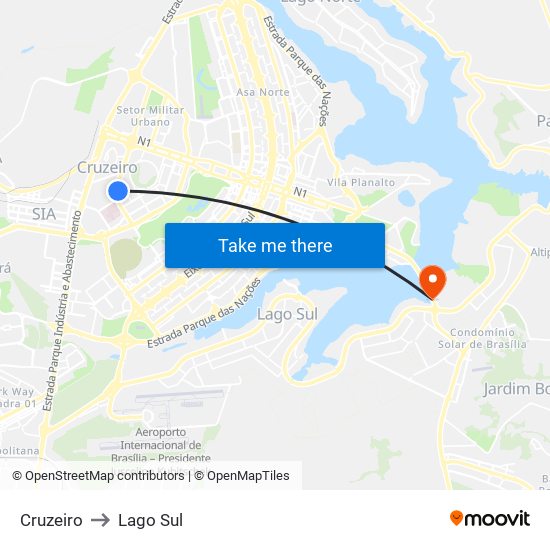 Cruzeiro to Lago Sul map
