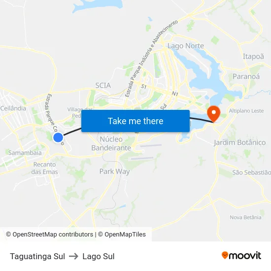 Taguatinga Sul to Lago Sul map