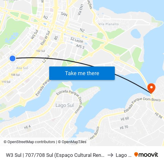 W3 Sul | 707/708 Sul (Espaço Cultural Renato Russo) to Lago Sul map