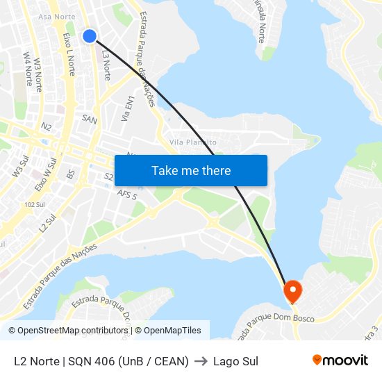L2 Norte | SQN 406 (UnB / CEAN) to Lago Sul map