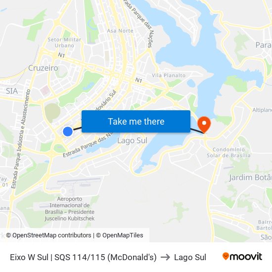 Eixo W Sul | SQS 114/115 (McDonald's) to Lago Sul map