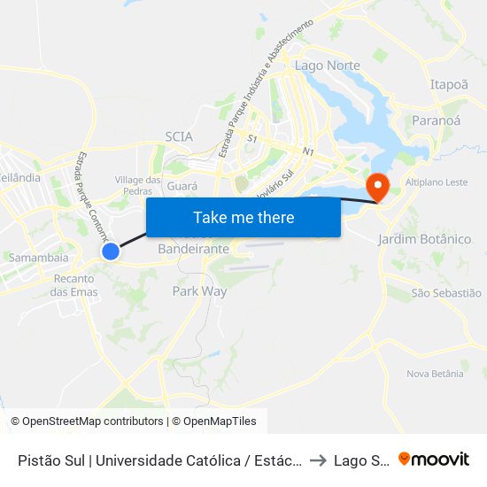 Pistão Sul | Universidade Católica / Estácio to Lago Sul map