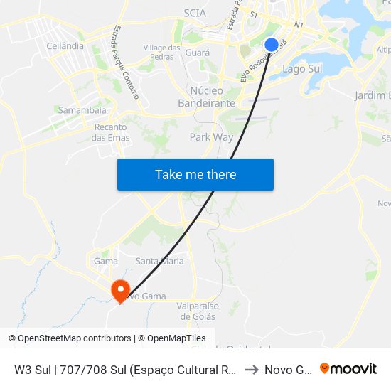 W3 Sul | 707/708 Sul (Espaço Cultural Renato Russo) to Novo Gama map