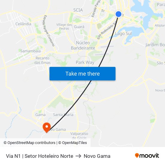 Via N1 | Setor Hoteleiro Norte to Novo Gama map