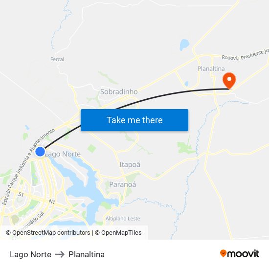 Lago Norte to Planaltina map