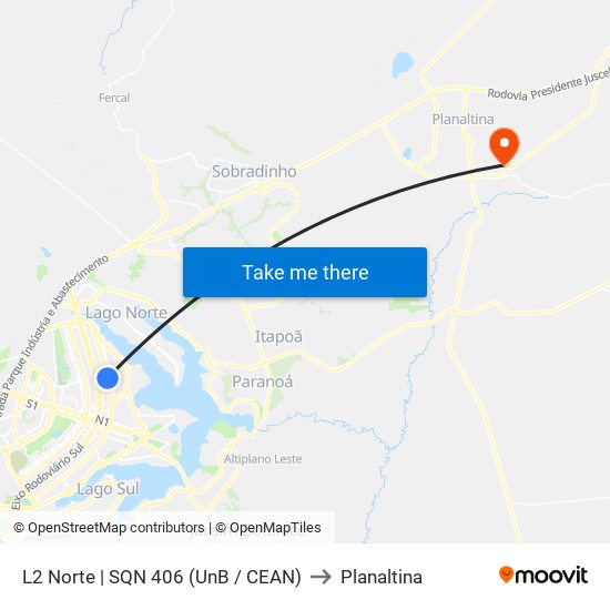 L2 Norte | SQN 406 (UnB / CEAN) to Planaltina map