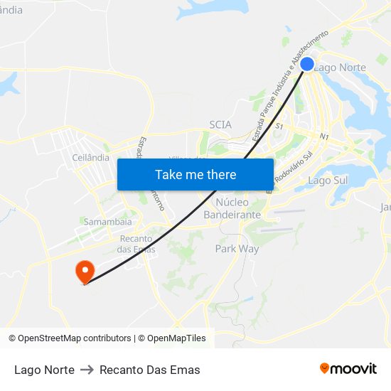 Lago Norte to Recanto Das Emas map