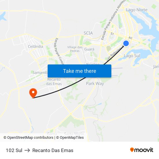 102 Sul to Recanto Das Emas map