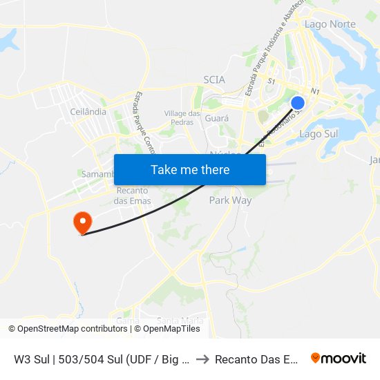 W3 Sul | 503/504 Sul (UDF / Big Box) to Recanto Das Emas map