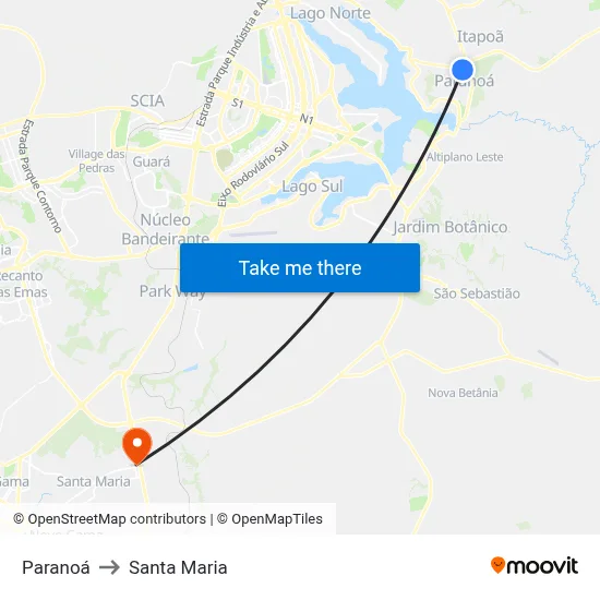 Paranoá to Santa Maria map