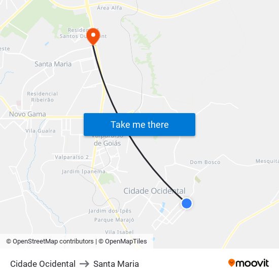 Cidade Ocidental to Santa Maria map