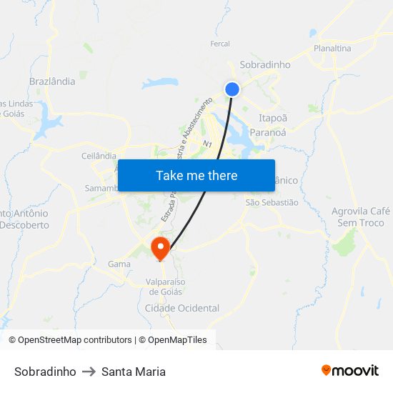 Sobradinho to Santa Maria map