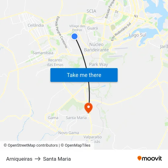 Arniqueiras to Santa Maria map
