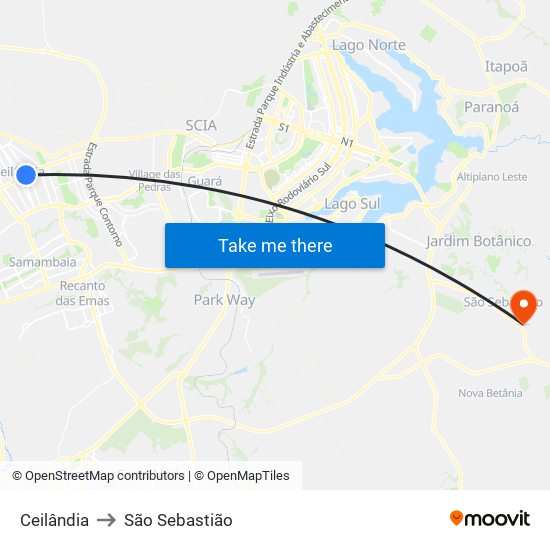 Ceilândia to São Sebastião map
