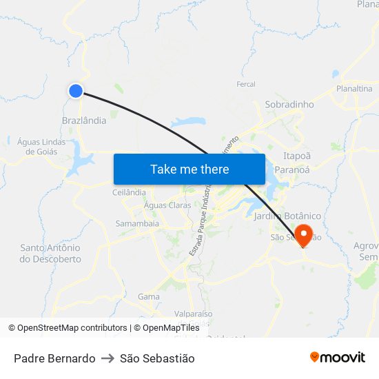 Padre Bernardo to São Sebastião map