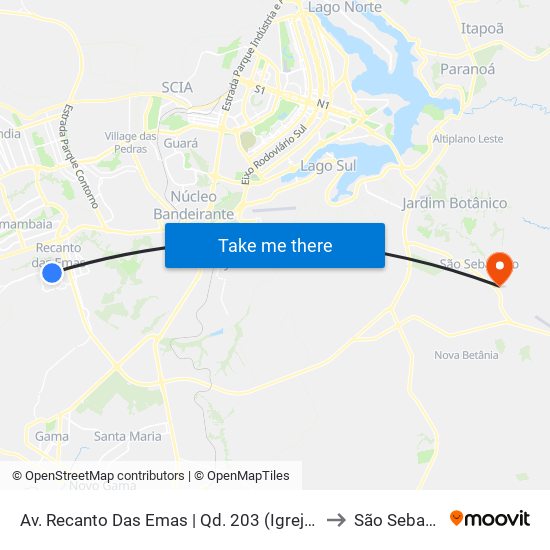 Av. Recanto Das Emas | Qd. 203 (Igreja Universal) to São Sebastião map