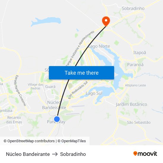 Núcleo Bandeirante to Sobradinho map