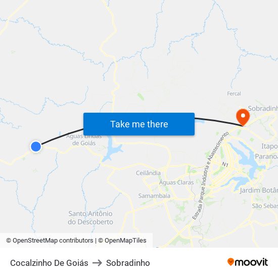 Cocalzinho De Goiás to Sobradinho map