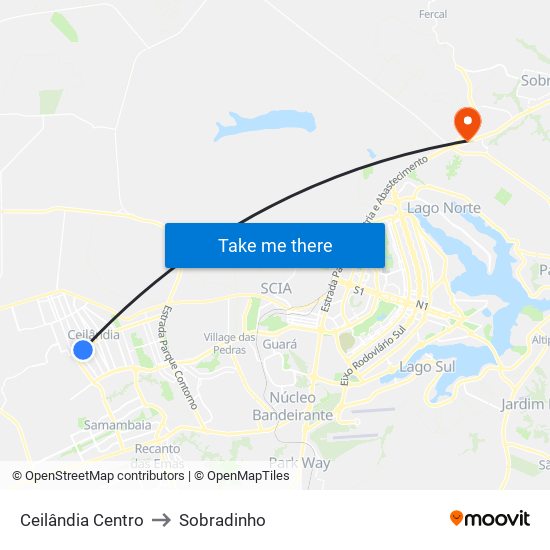 Ceilândia Centro to Sobradinho map