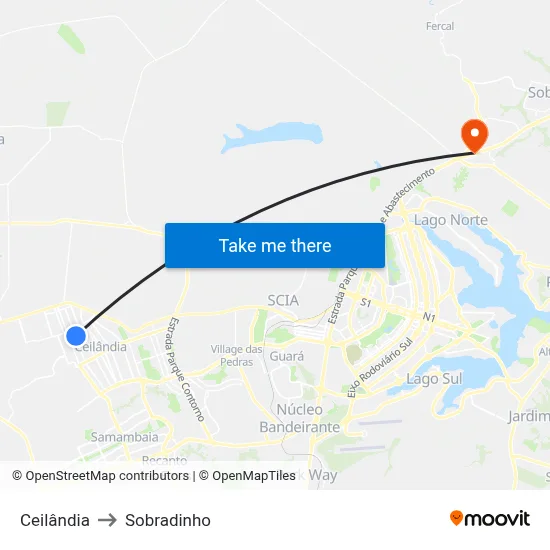 Ceilândia to Sobradinho map