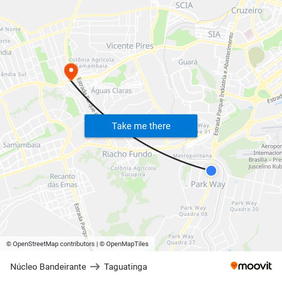 Núcleo Bandeirante to Taguatinga map