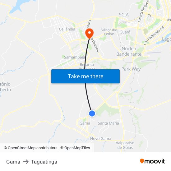 Gama to Taguatinga map