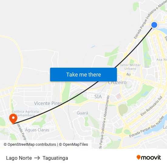 Lago Norte to Taguatinga map