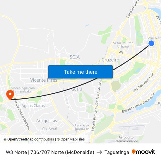 W3 Norte | 706/707 Norte (McDonald's) to Taguatinga map