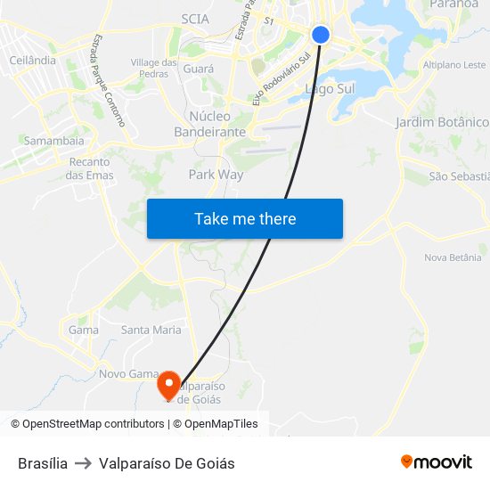 Brasília to Valparaíso De Goiás map