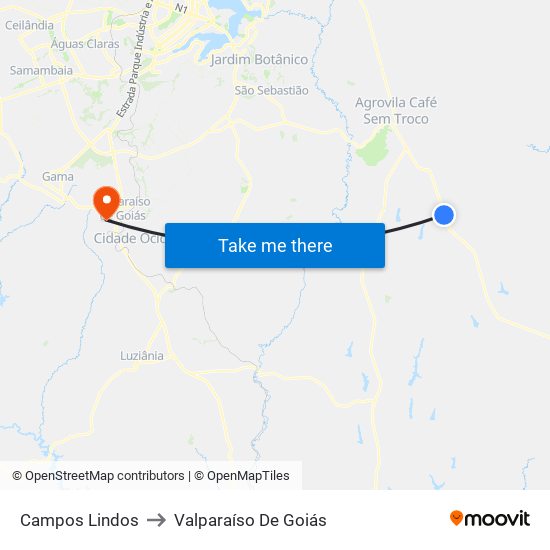 Campos Lindos to Valparaíso De Goiás map