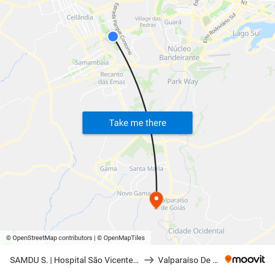 SAMDU S. | Hospital São Vicente de Paulo to Valparaíso De Goiás map
