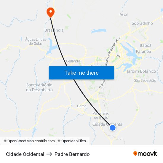 Cidade Ocidental to Padre Bernardo map