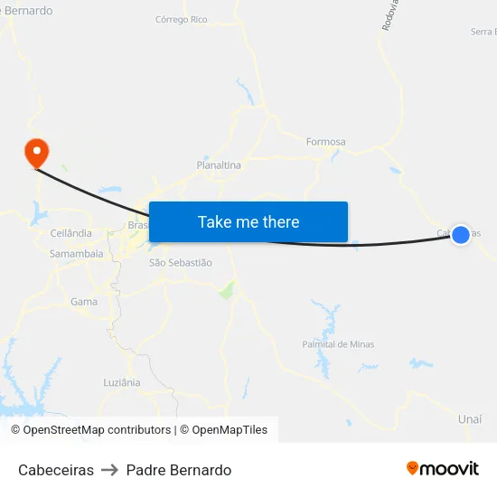 Cabeceiras to Padre Bernardo map