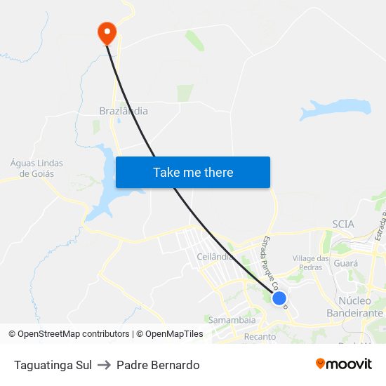Taguatinga Sul to Padre Bernardo map