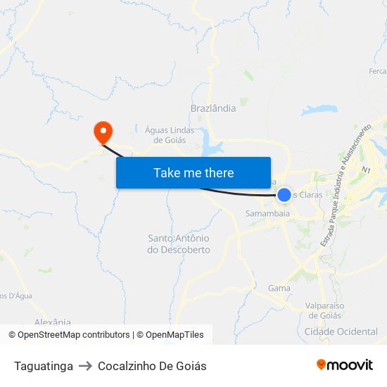 Taguatinga to Cocalzinho De Goiás map