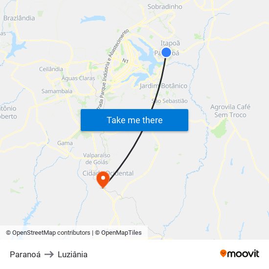 Paranoá to Luziânia map