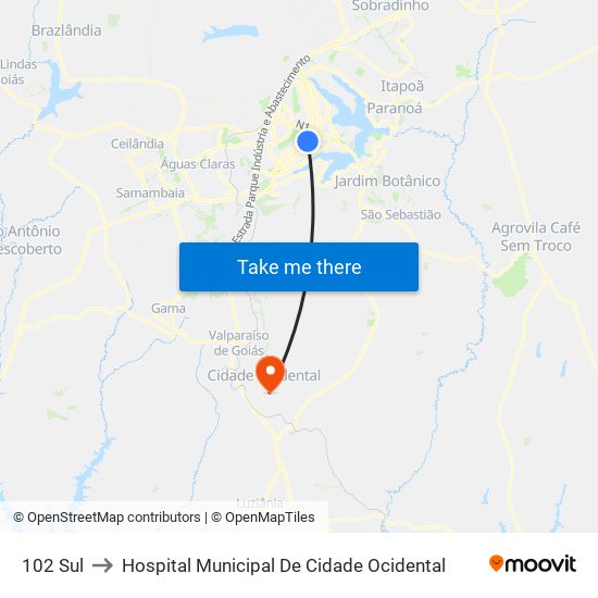 102 Sul to Hospital Municipal De Cidade Ocidental map